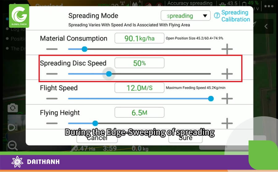 Chúng ta điều chỉnh tốc độ phun ở hàng Spreading Disc Speed