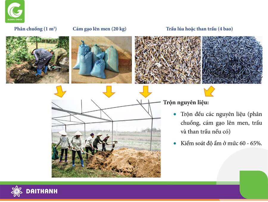 Trộn tất cả nguyên vật liệu lại với nhau để ủ phân hữu cơ hiếu khí
